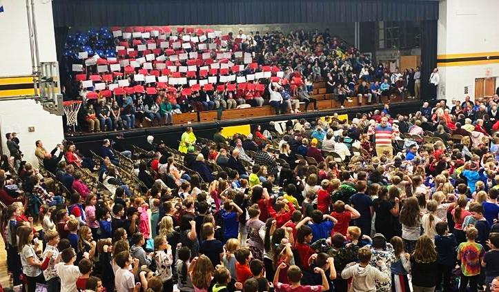 The high school created a flag as part of the Veteran's assembly at Vinton-Shellsburg. Thank you to Leon Schwenker for capturing the image.