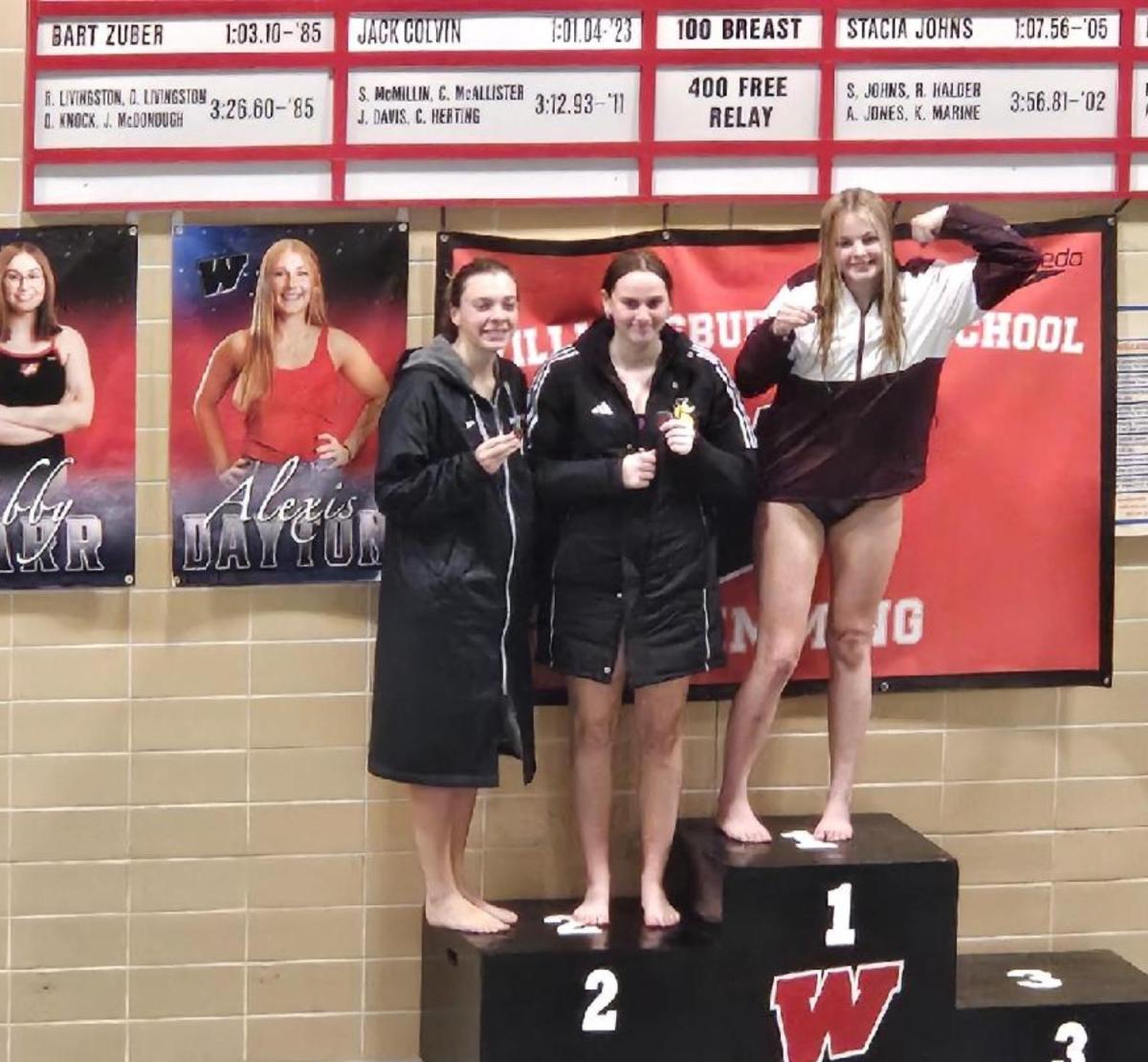 Brie Carolan (in the parka) on the podium for her 2nd place finish in the 100 Backstroke